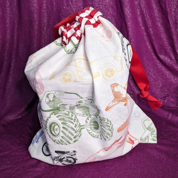 Reusable fabric produce bag with tare weight- trucks and red stripes - Picture 2 of 6